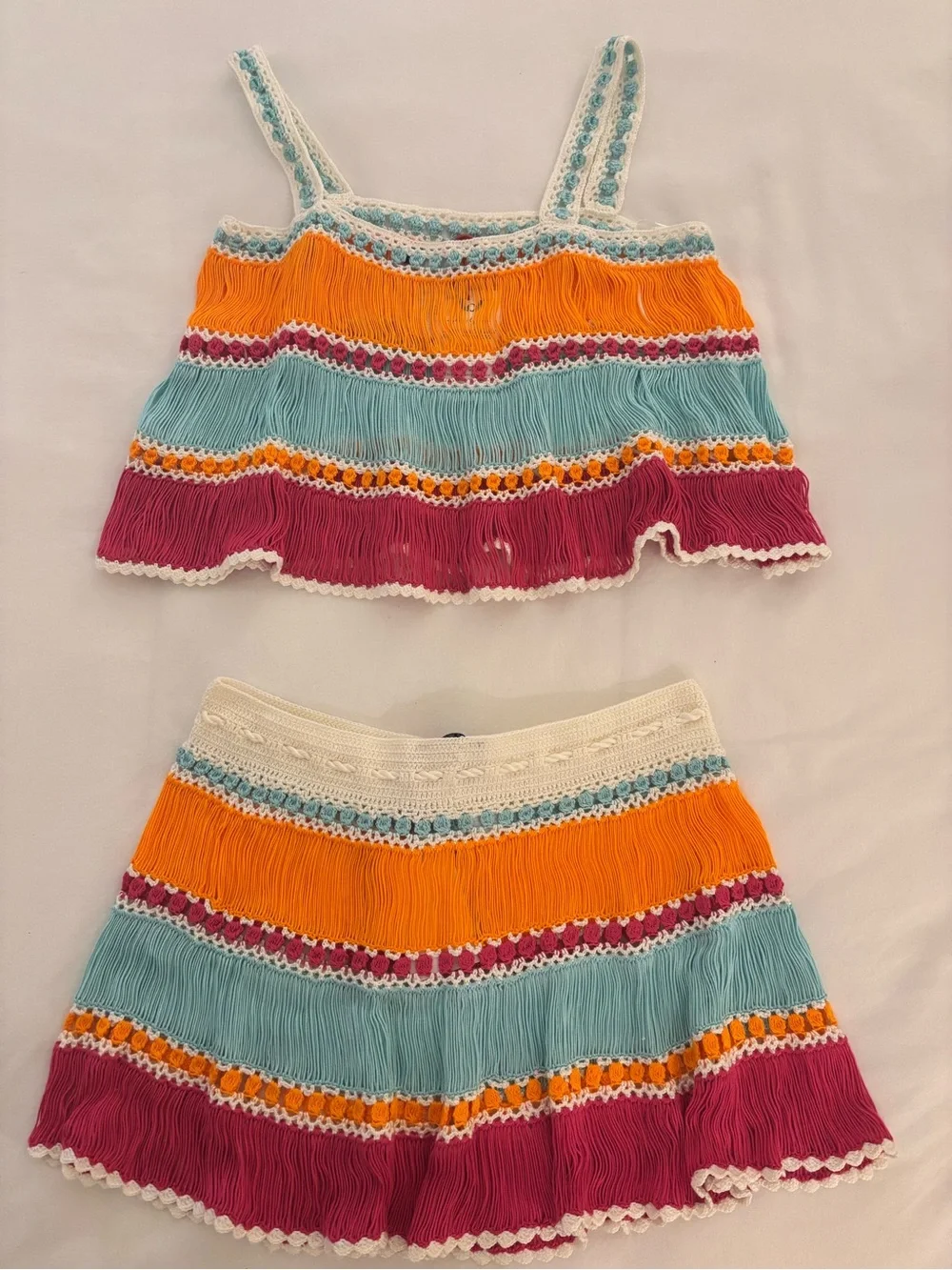 🧡 My Beachy Side Handmade Crochet Fringe Set — Top (M) / Skirt (S)
